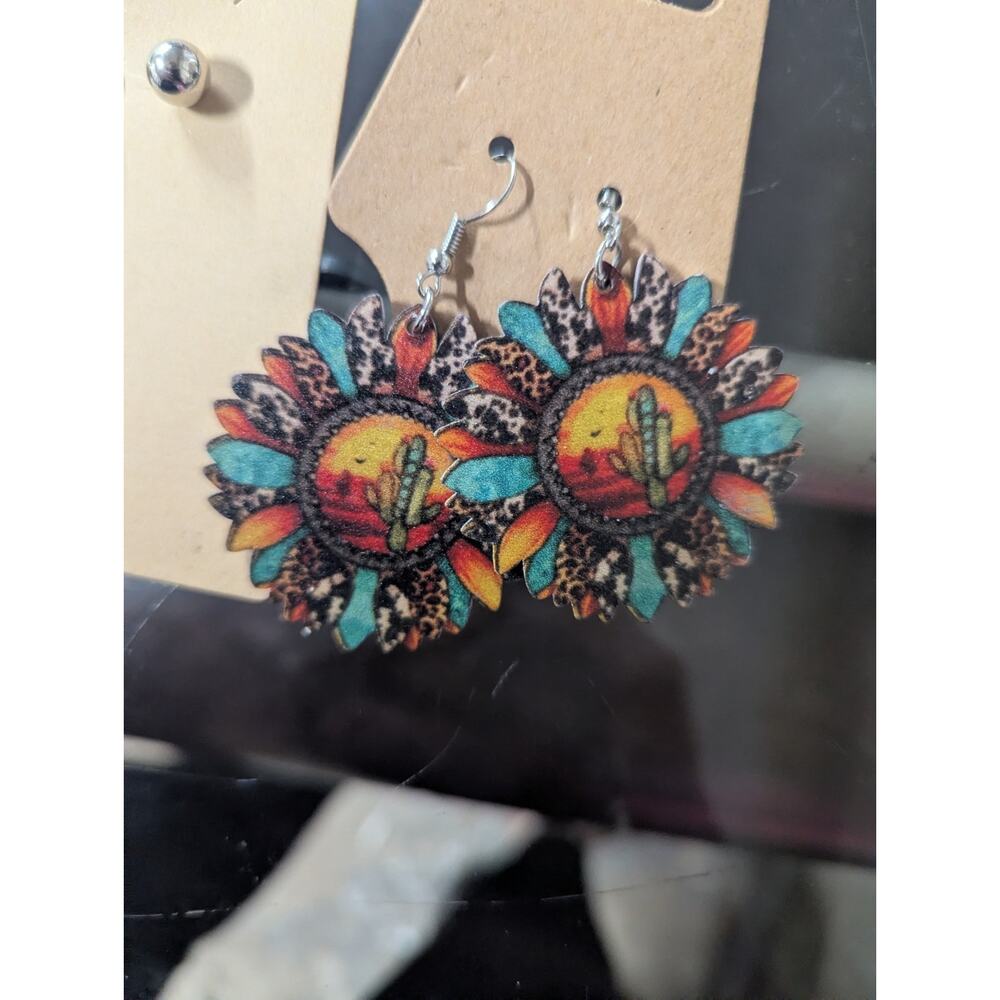 Sunflower Cactus Earrings Wooden and western style Dangle Drop With Studs